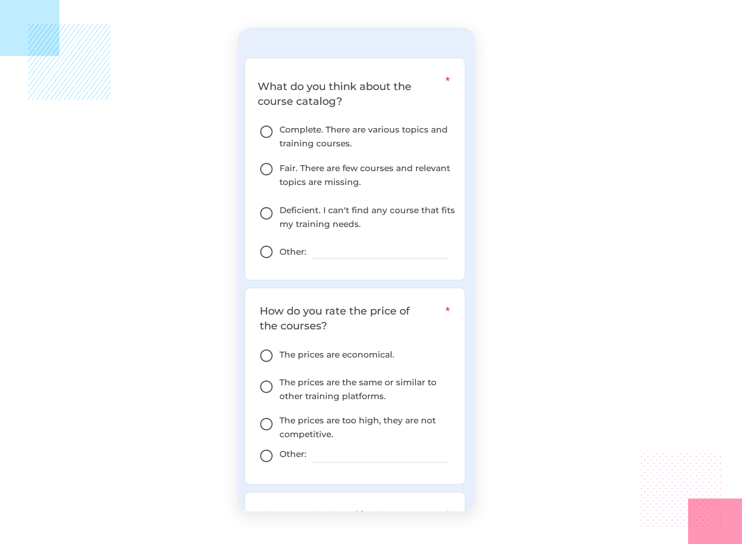 Survey questions on a mobile app about the course catalog and pricing.