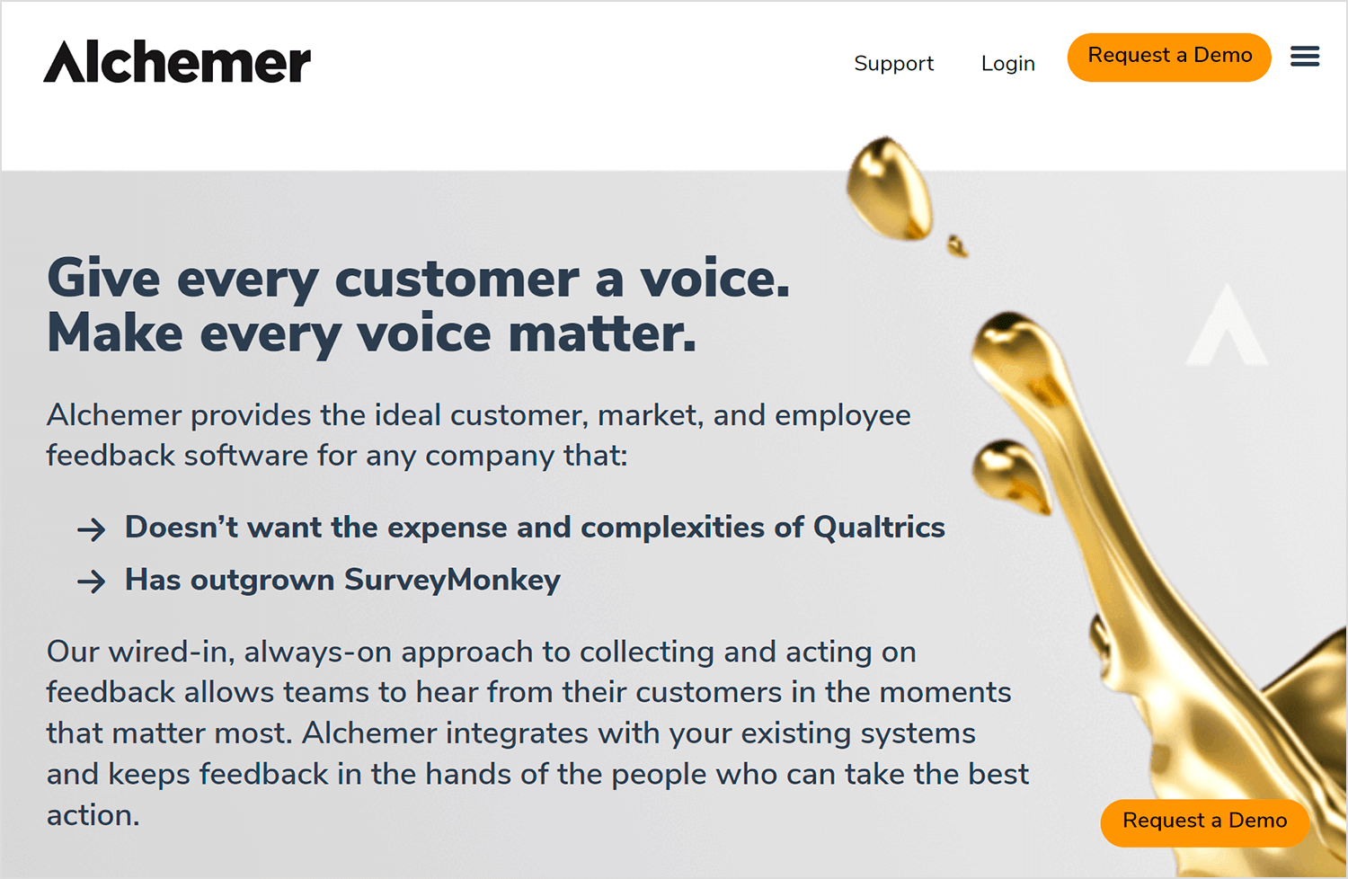 Alchemer homepage showcasing easy survey creation, sign-up options, and login buttons