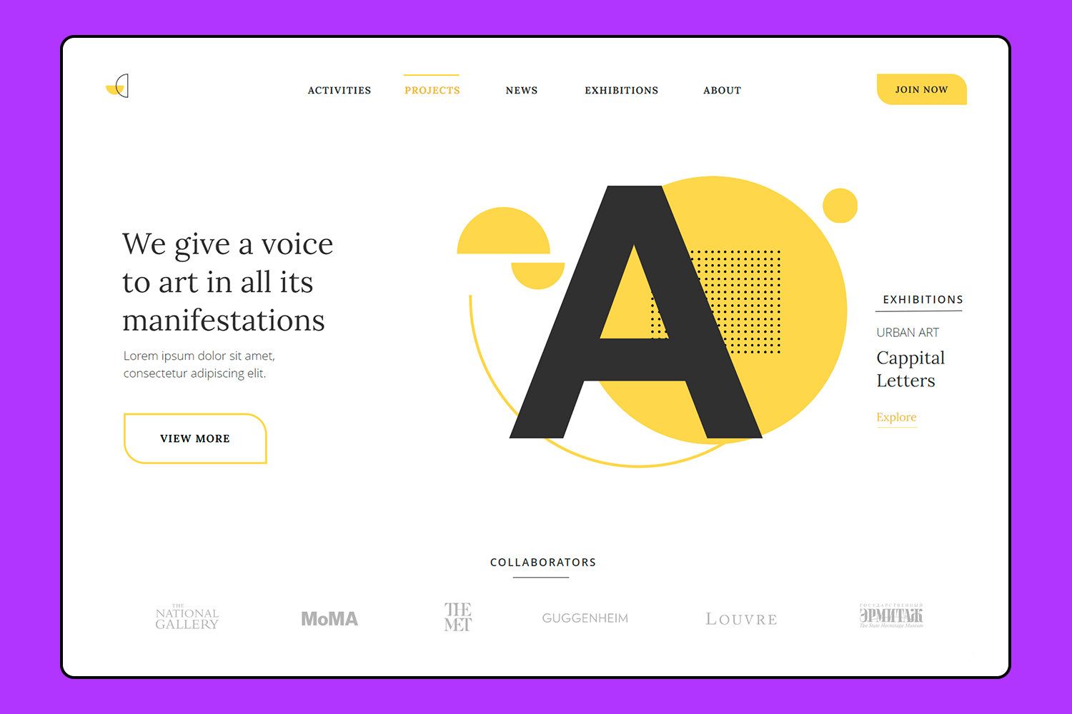 Homepage of an art agency featuring a minimalist design with bold typography and a focus on visual content.