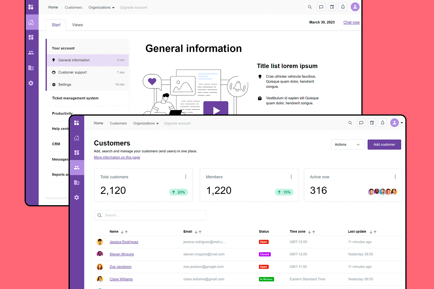 UI design example for a customer management dashboard.