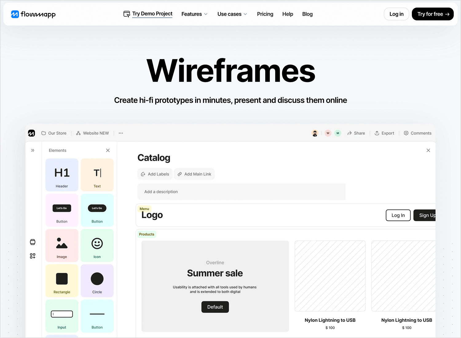 FlowMapp low-fidelity wireframing tool homepage