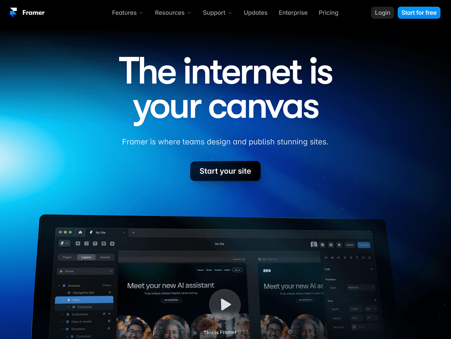 Framer prototyping tool homepage showcasing design and site publishing features.