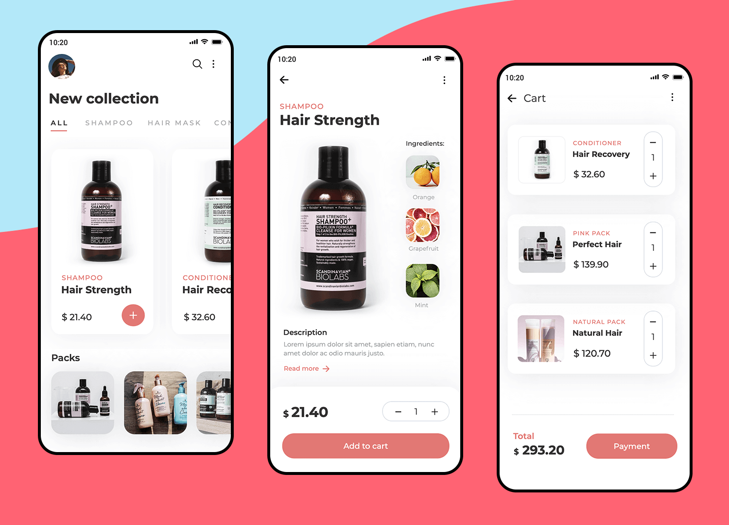 Mobile app UI design example for a hair care e-commerce app showing a product listing, detailed product view, and shopping cart.