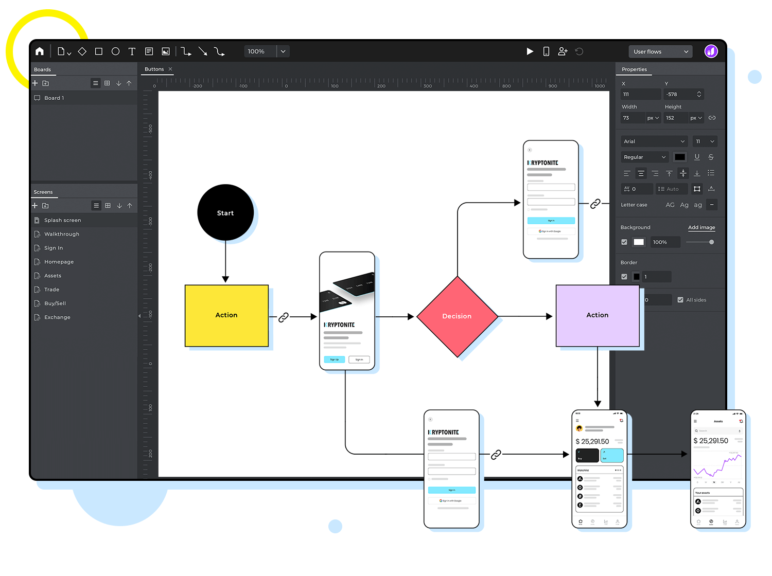 Justinmind flowchart design tool showcasing user journey and interaction paths.