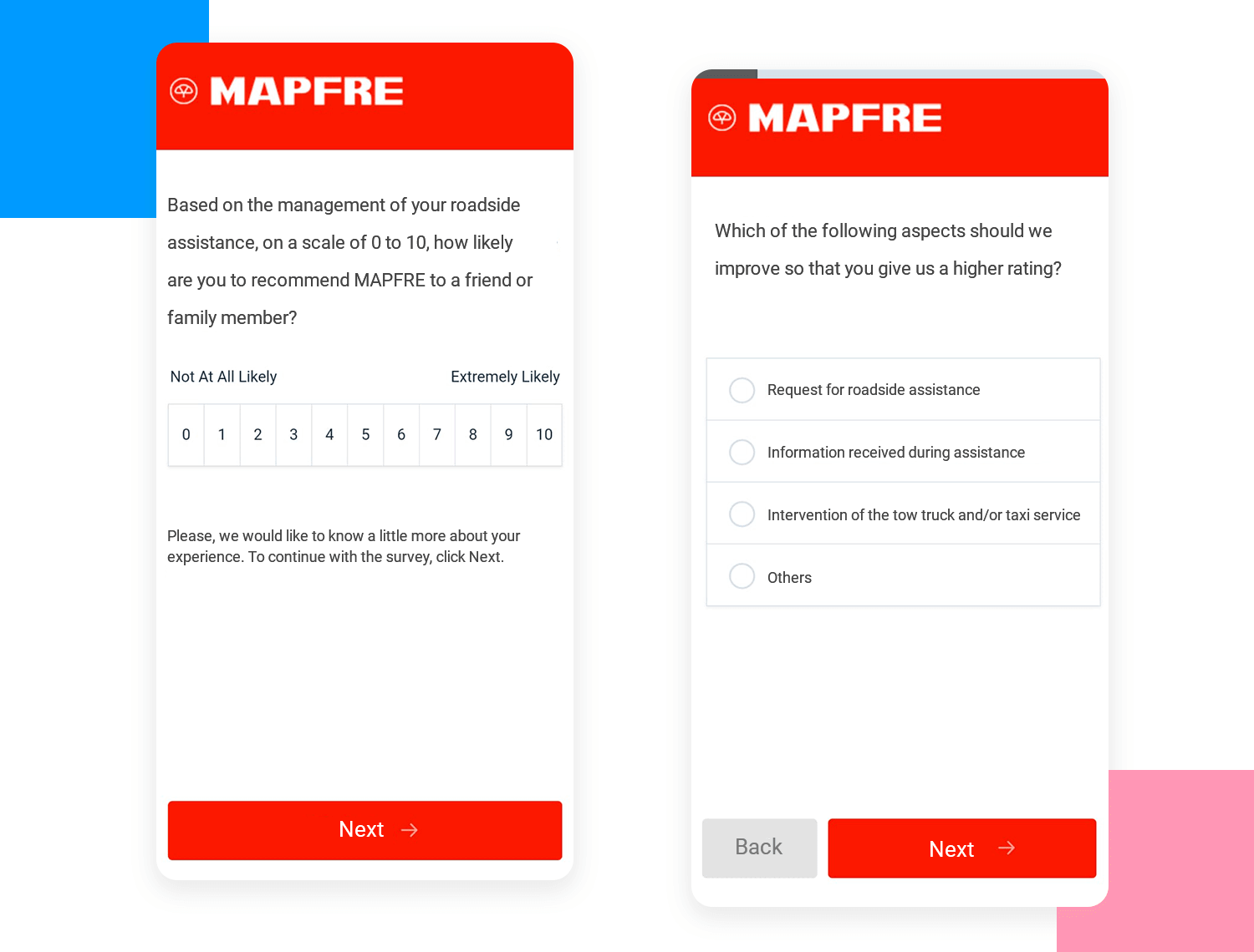 MAPFRE app survey asking to rate likelihood of recommending and suggest areas to improve.