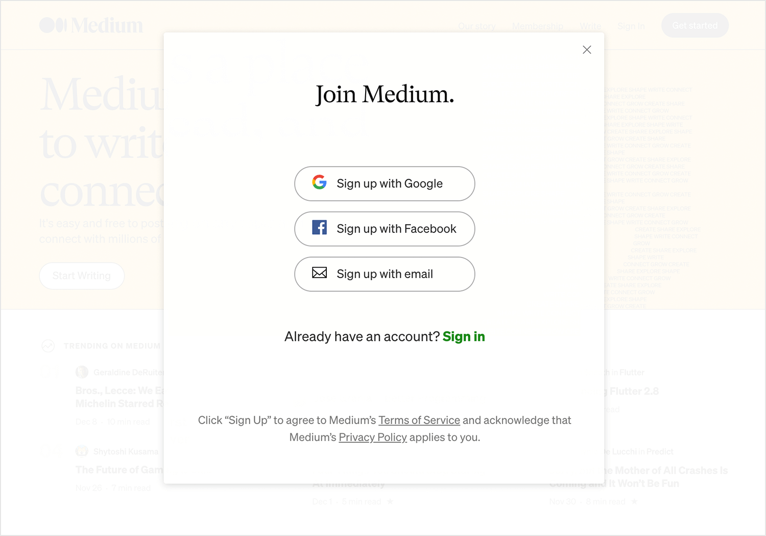 medium signup form