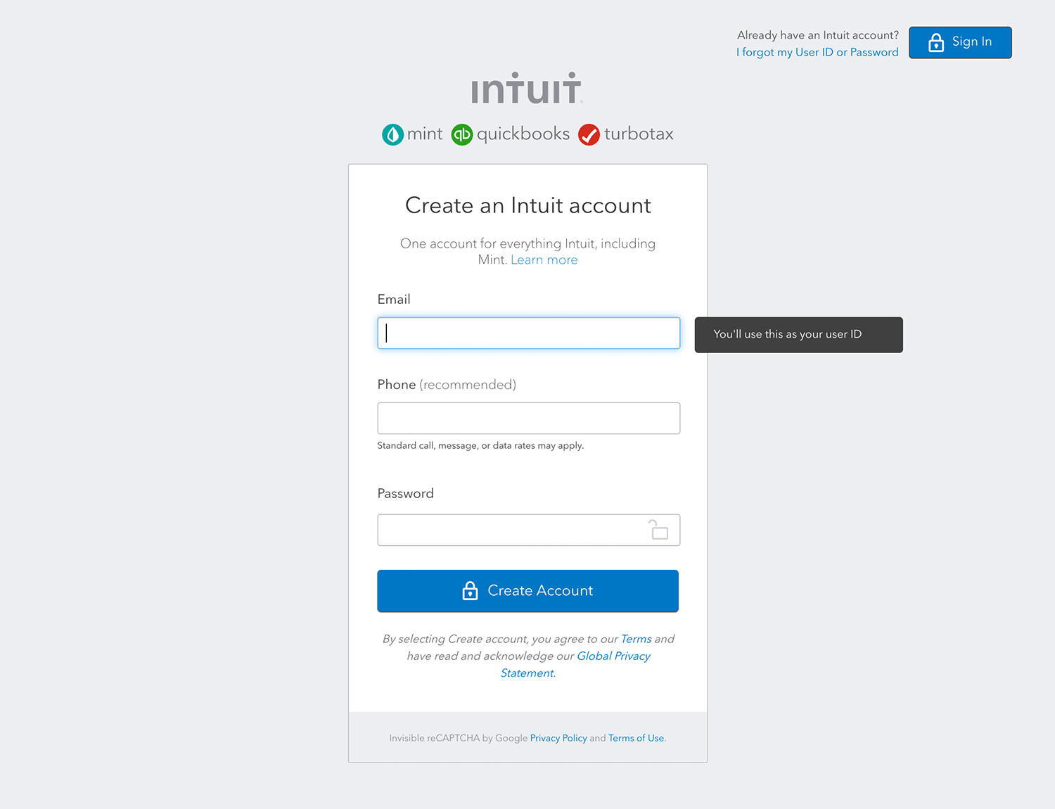 mint signup form