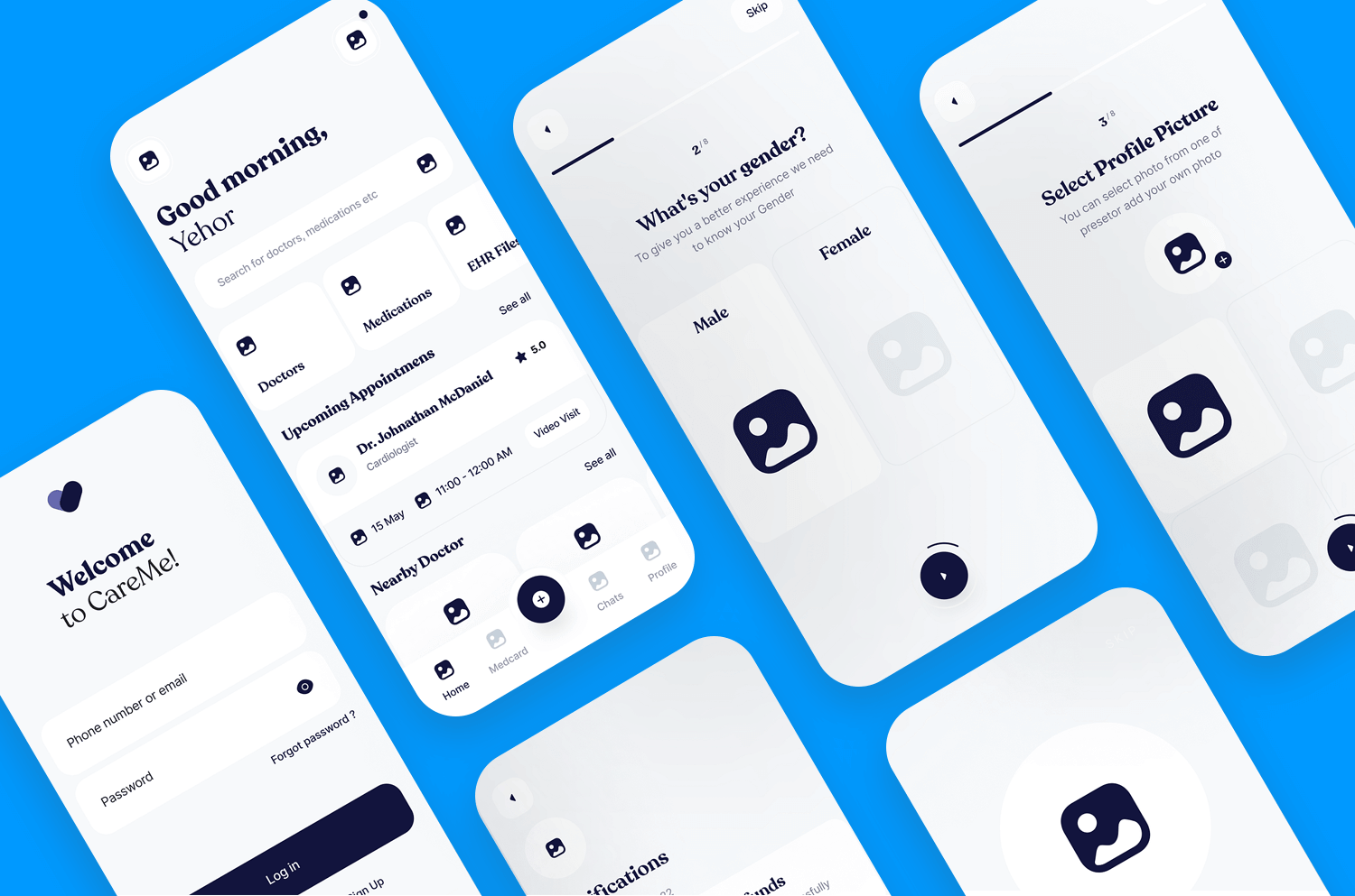 Healthcare app wireframe showcasing user interface elements for appointments, medication, and profile setup