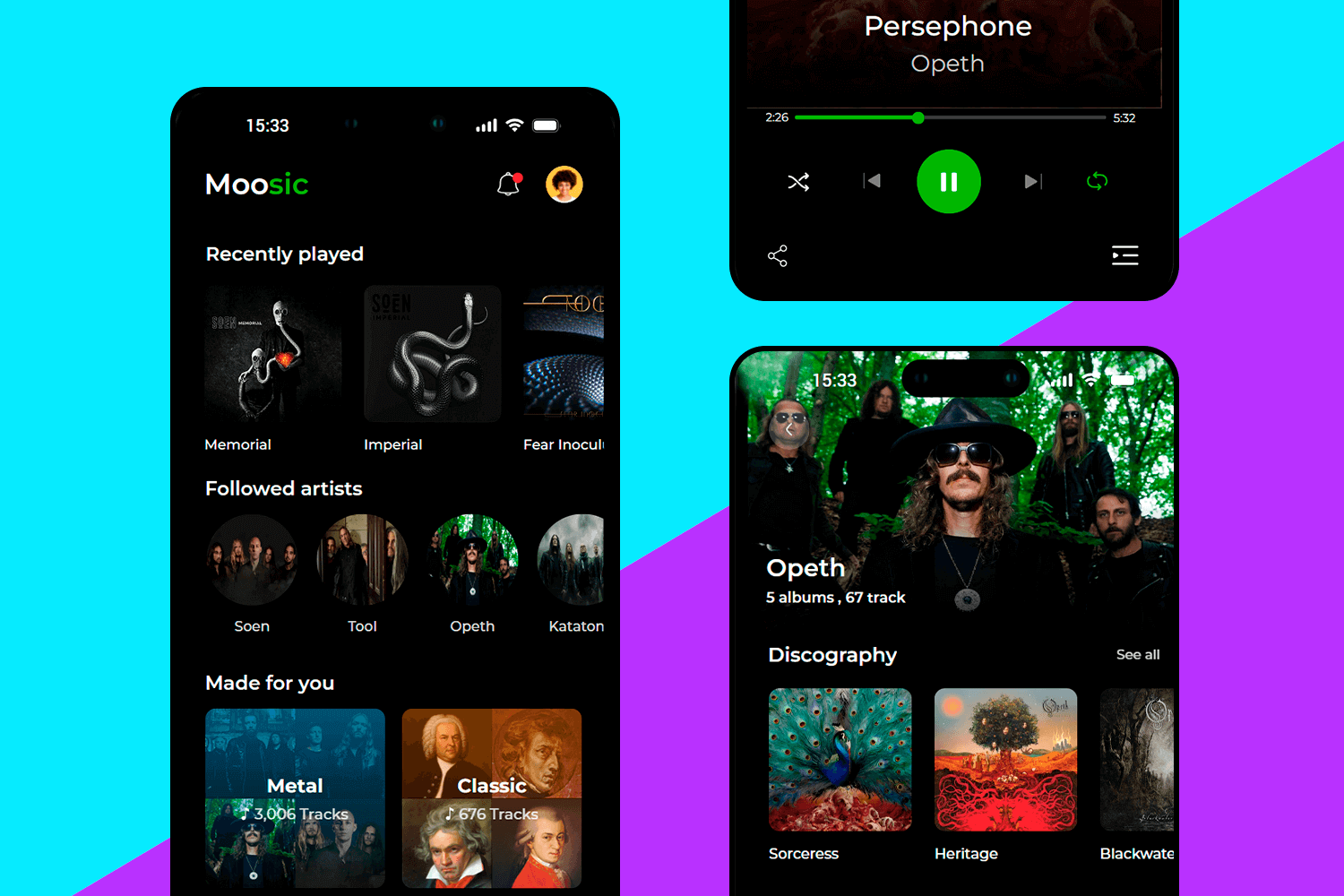 Music app UI design example showcasing dark mode, recently played tracks, followed artists, and personalized music recommendations.