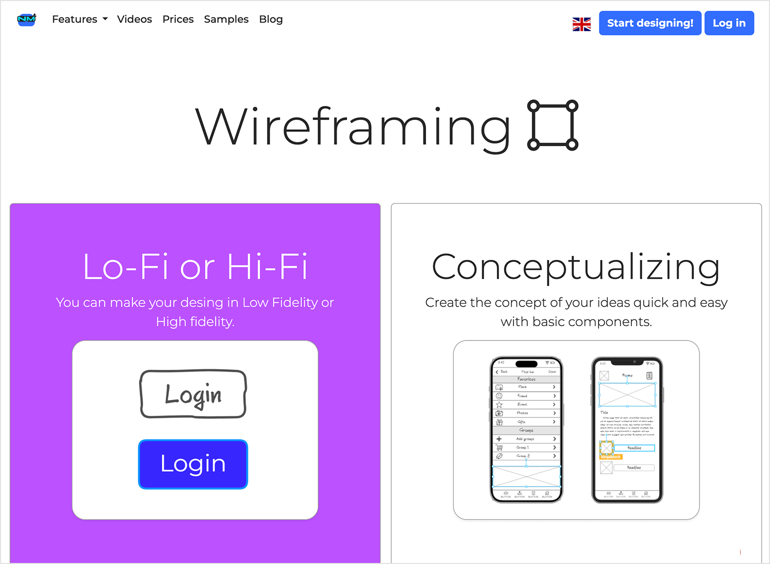 NinjaMock low-fidelity wireframing tool interface