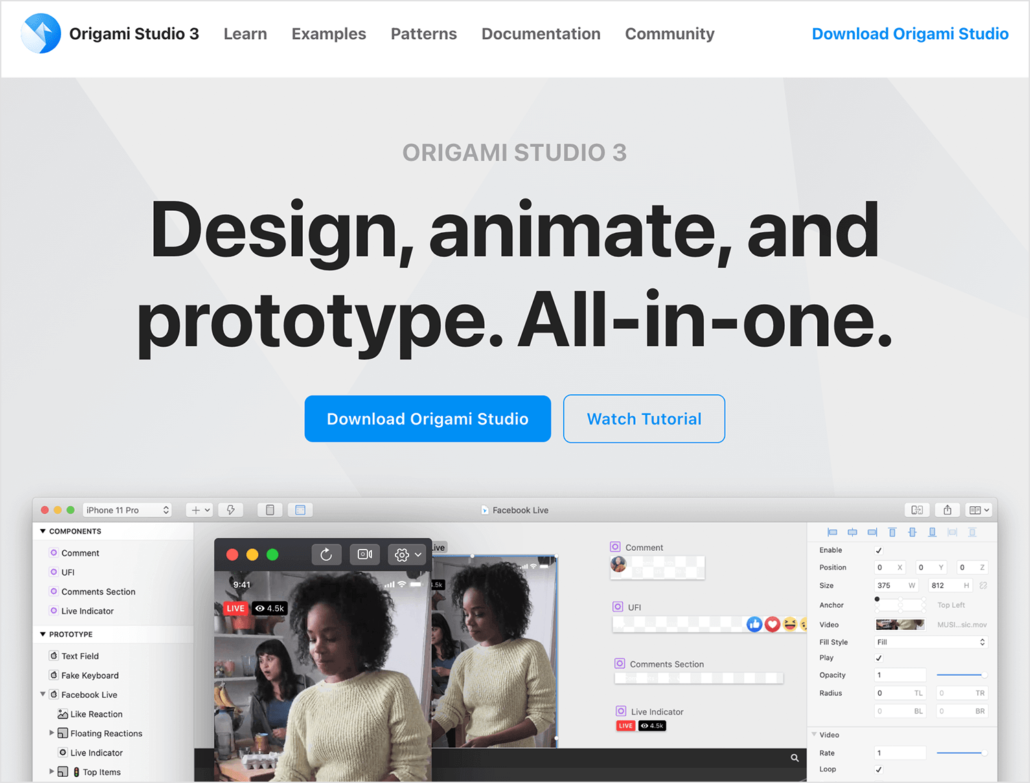 Origami Studio UX design tool for design, animation, and prototyping.