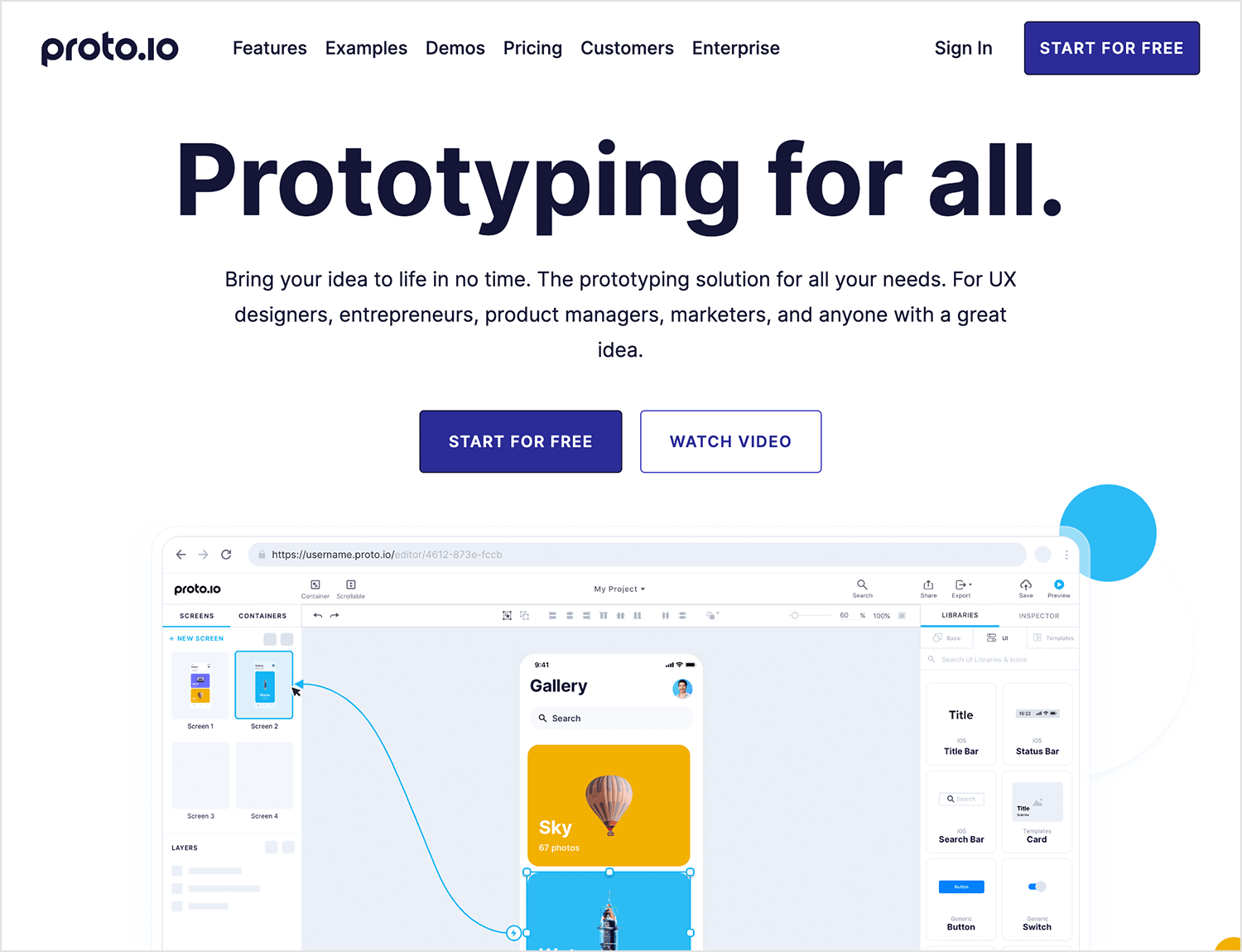 Proto.io homepage showcasing prototyping for all with options to start for free or watch a video.