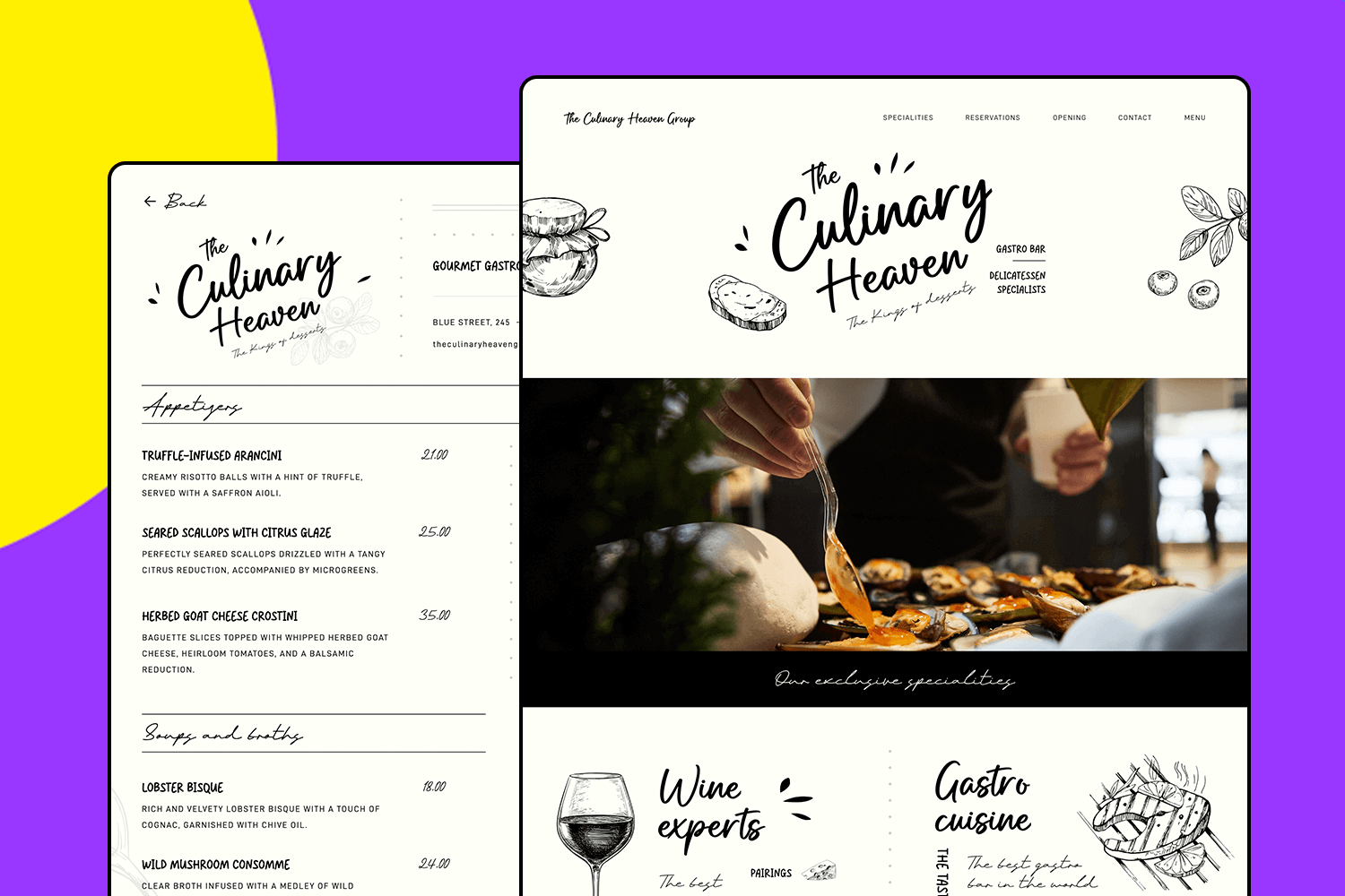 Restaurant landing page UI design showcasing a menu with elegant typography and a sophisticated layout.