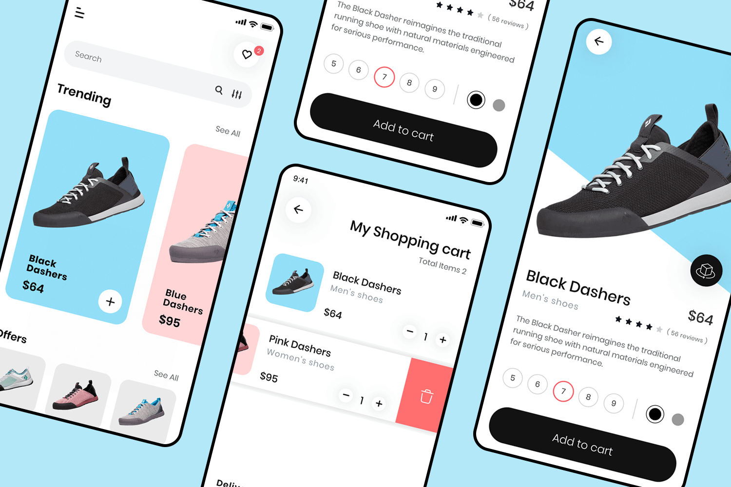 Shoe eCommerce app UI design showcasing product browsing, detailed views, and a streamlined shopping cart experience