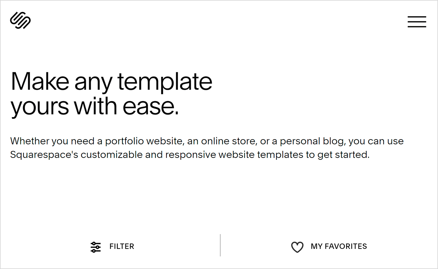 Squarespace page offering easy-to-use templates for creating a portfolio, store, or blog