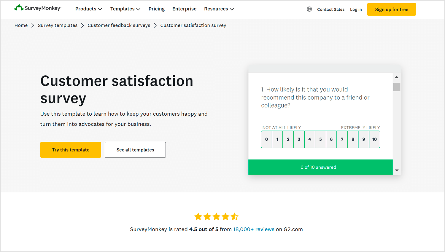 SurveyMonkey homepage with a customer survey template and a rating scale