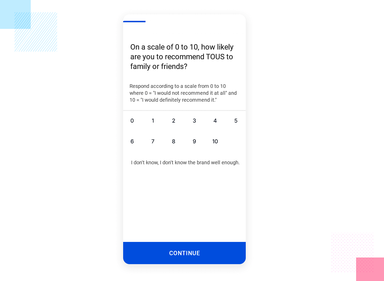 Mobile app survey asking users to rate the likelihood of recommending TOUS to family or friends on a scale from 0 to 10.