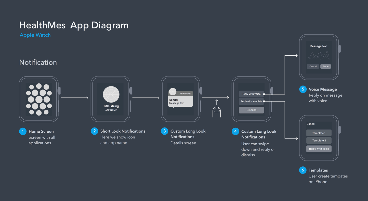 Apple Watch app diagram showcasing HealthMes notification flow.