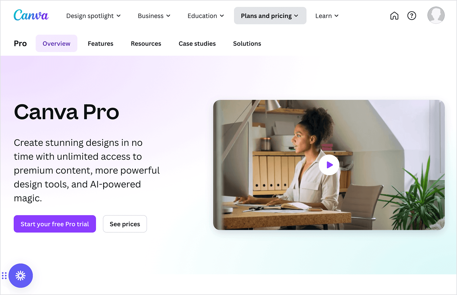 Canva Pro page showing a woman designing, with text about creating stunning designs with unlimited premium content and AI tools.